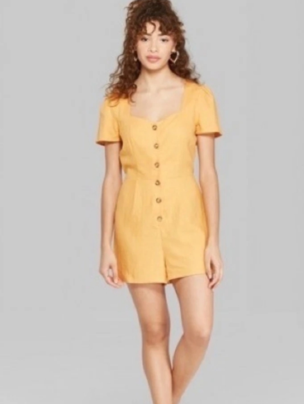 Wild Fable Mustard Gold Button-Front Short Sleeve Sweetheart Neck Shorts Romper